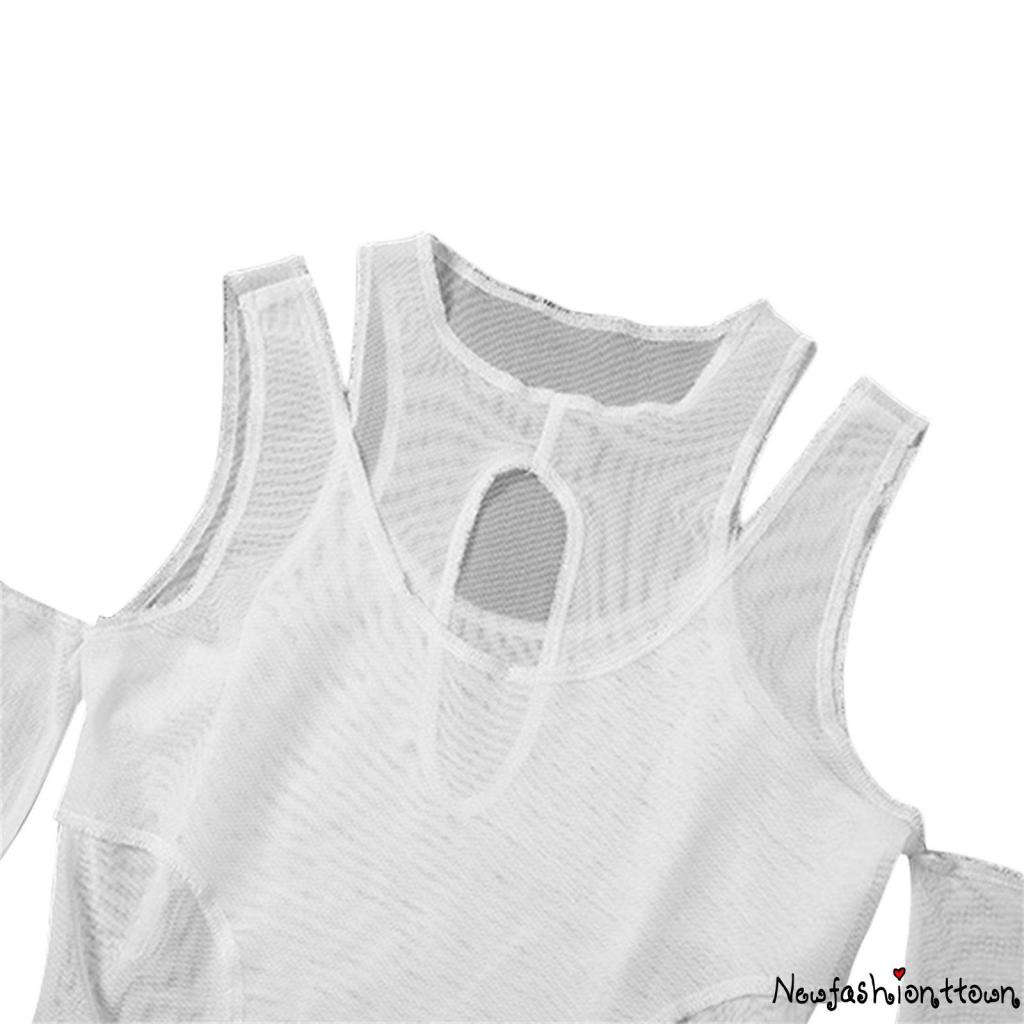 NFashion-Women´s Long Sleeve Bodysuit, Pure Color Hollow Out Patchwork Round Neck Skinny Fit Playsuit, Casual Simple Romper