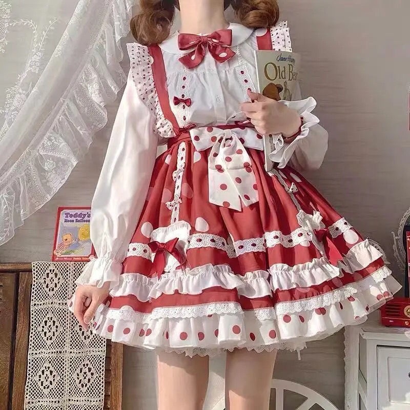 Đầm lolita Hai Chiều Phối Váy Yếm Chấm Bi Đỏ Nhạt + Tạp Dề Trong Anime