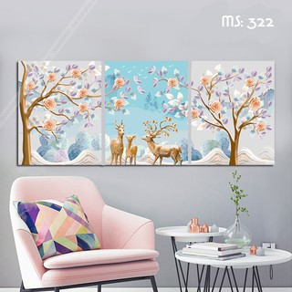 [TranhBộCóKhung] Tranh sơn dầu số hóa tự tô màu Gia đình hươu trong rừng hoa T322