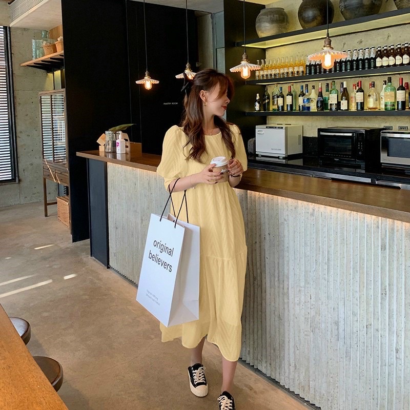 Đầm trơn dáng dài babydoll siêu xinh bầu bì bon chen thoải mái