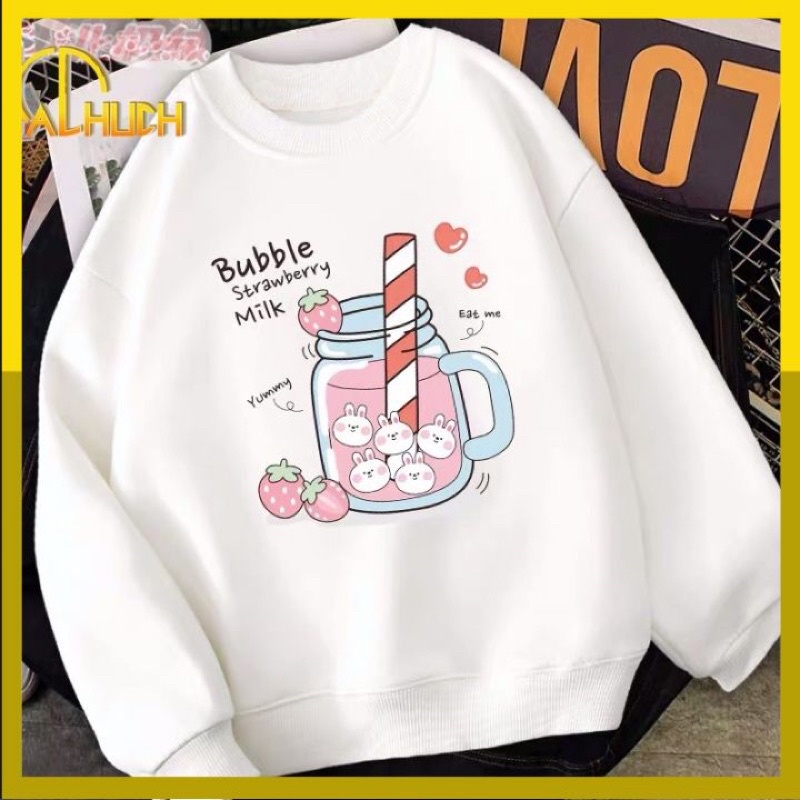 ÁO SWEATER NỮ IN BUBBLE STRAWBERY MILK NHIỀU SIZE NHIỀU MÀU LỰA CHỌN VẢI NỈ BÔNG