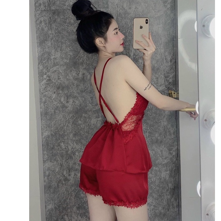 Đồ ngủ sexy / Đồ ngủ 2 dây chéo lưng phối ren, chất liệu lụa satin cao cấp, freesize dưới 65kg, kèm quần ren so cute Sex | BigBuy360 - bigbuy360.vn