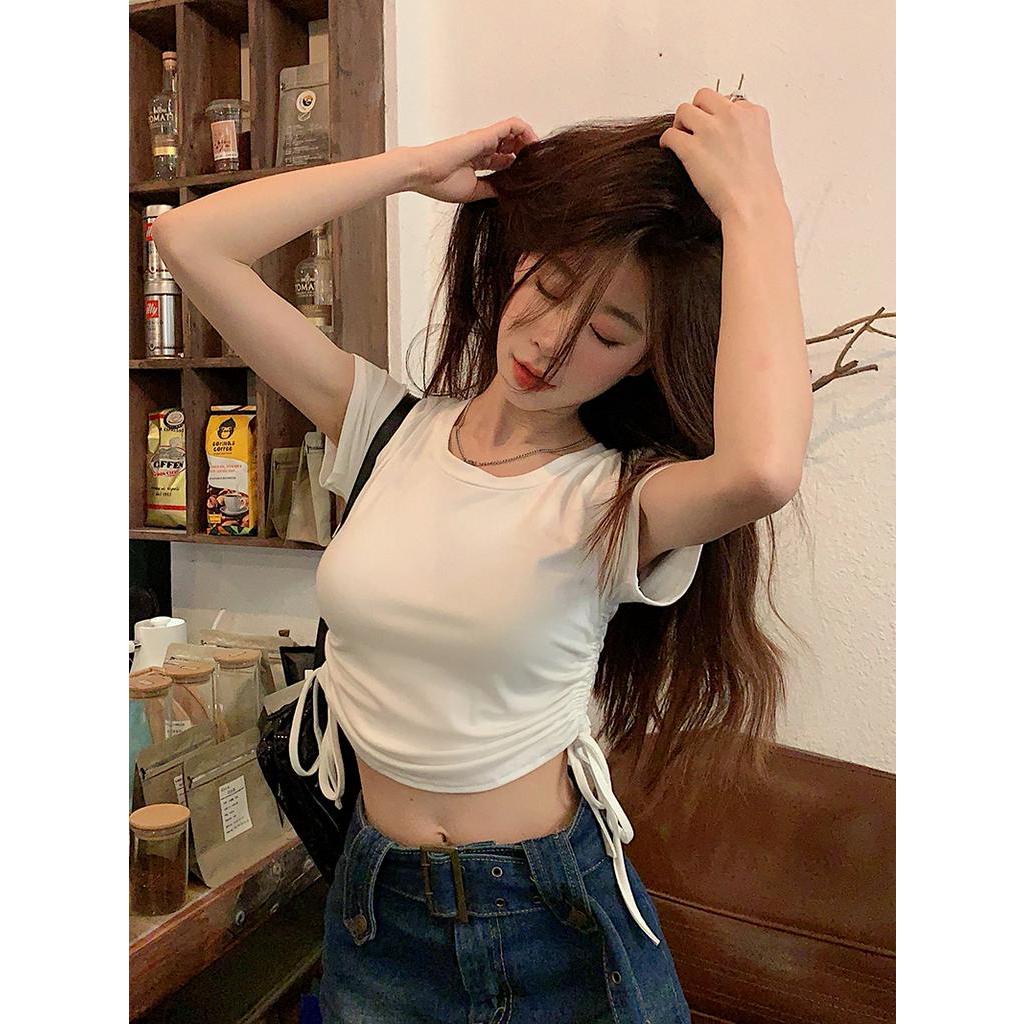 Áo Thun Nữ Ngắn Tay Cổ Tròn Ôm Dáng Phối Dây Rút Thời Trang Mùa Hè