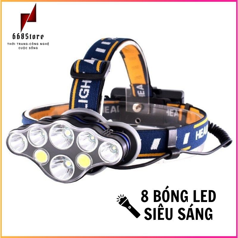 Đèn pin đội đầu 8 bóng led siêu sáng. kèm 2 pin sạc dung lượng cao và cáp sạc