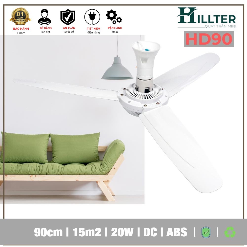 Quạt trần mini 3 cánh nhựa 90cm Hillter HD90 - Êm ái siêu mát - Động cơ DC tiết kiệm điện năng -BH 12 Tháng