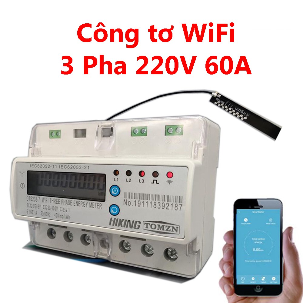 Công tơ điện tử  WiFi 3 pha 2 chiều 5(60A) HIKING DTS238-7 220V đo công suất thụ,điện áp, dòng điện, đóng cắt từ xa