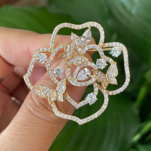 CÀI ÁO HOA HỒNG -CÀI ÁO NỮ ĐÍNH ĐÁ XI VÀNG KIỂU DÁNG HÀN QUỐC SANG TRỌNG- ROSE BROOCH
