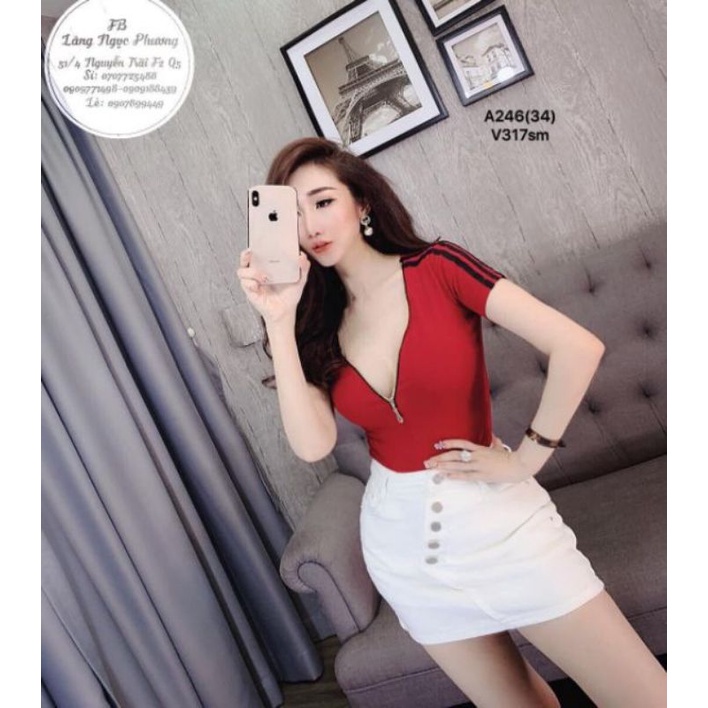 Áo thun croptop cổ trụ phối dây kéo cao cấp