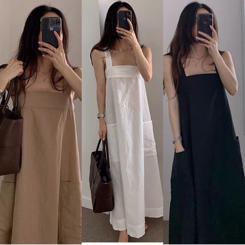 Đầm đi biển 2 dây cho nữ dáng suông rộng cổ vuông có túi hông