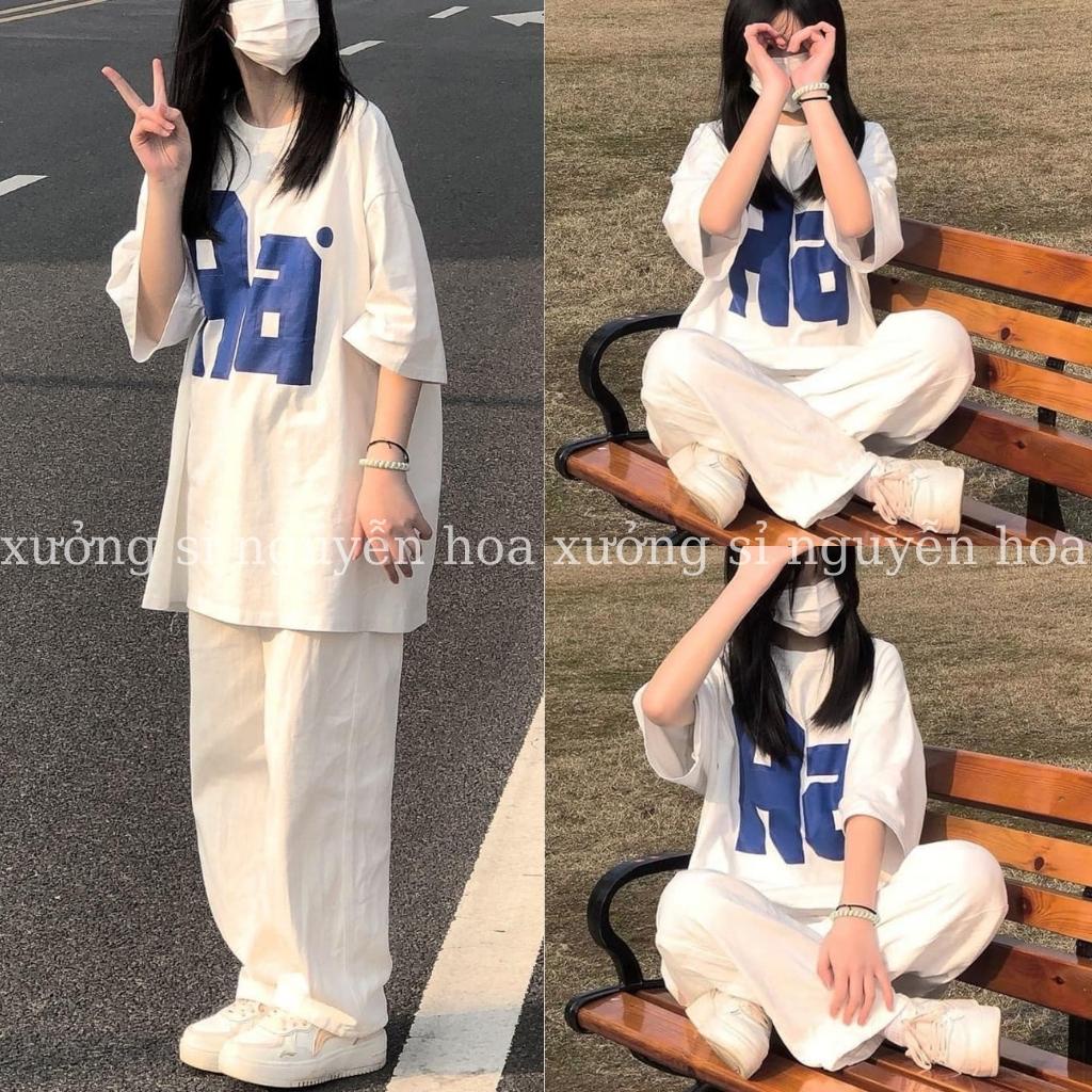 set bộ áo thun tay form rộng in chữ Aa kèm quần xuông trắng phong cách trẻ trung năng động xưởng sỉ nguyễn hoa