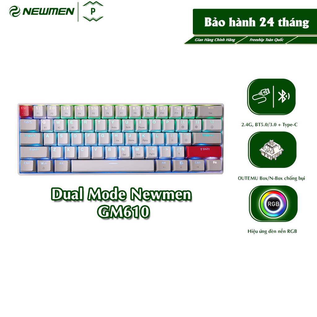 Bàn phím cơ không dây Dual Mode Newmen GM610 Layout 61 phím Hotswap,đa chế độ kết nối,dùng cho PC/laptop/ĐT,BH 24 tháng