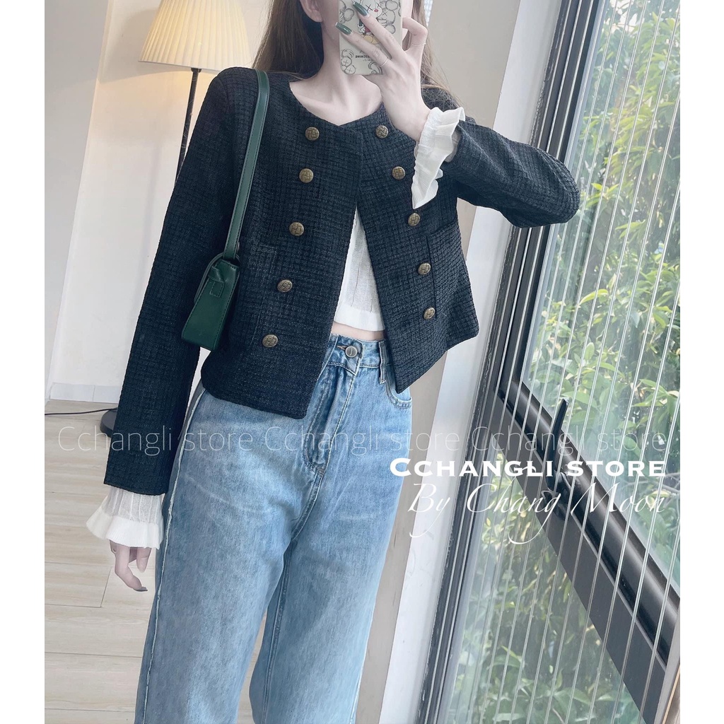 Áo khoác dạ tweed 2 lớp dày dặn cúc đồng vintage,Áo khoác dạ nữ trẻ trung cực xinh