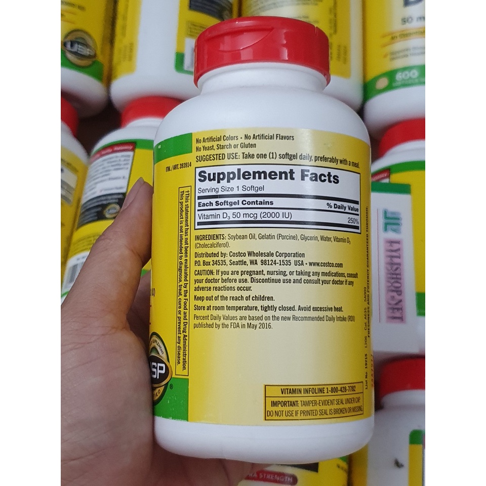 Vitamin D3 2000 IU Kirkland 600 viên từ mỹ ( Hàng nội địa Mỹ đủ bill) hấp thụ canxi giúp xương chắc khỏe