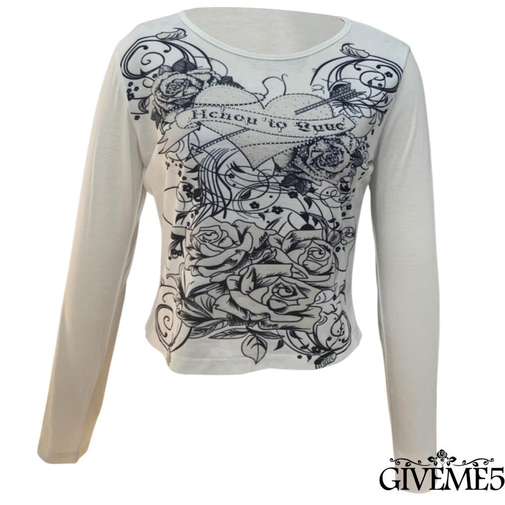 Áo thun nữ tay dài in hình trái tim đính đá thời trang