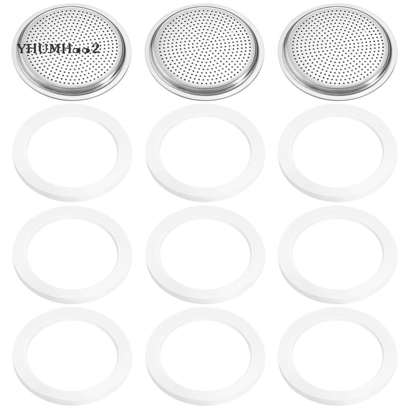 9 Pieces Silicone Gaskets and 3 Piece Stainless Filter Gasket Stainless Steel Gasket Replacement for 6 Cup Moka Express