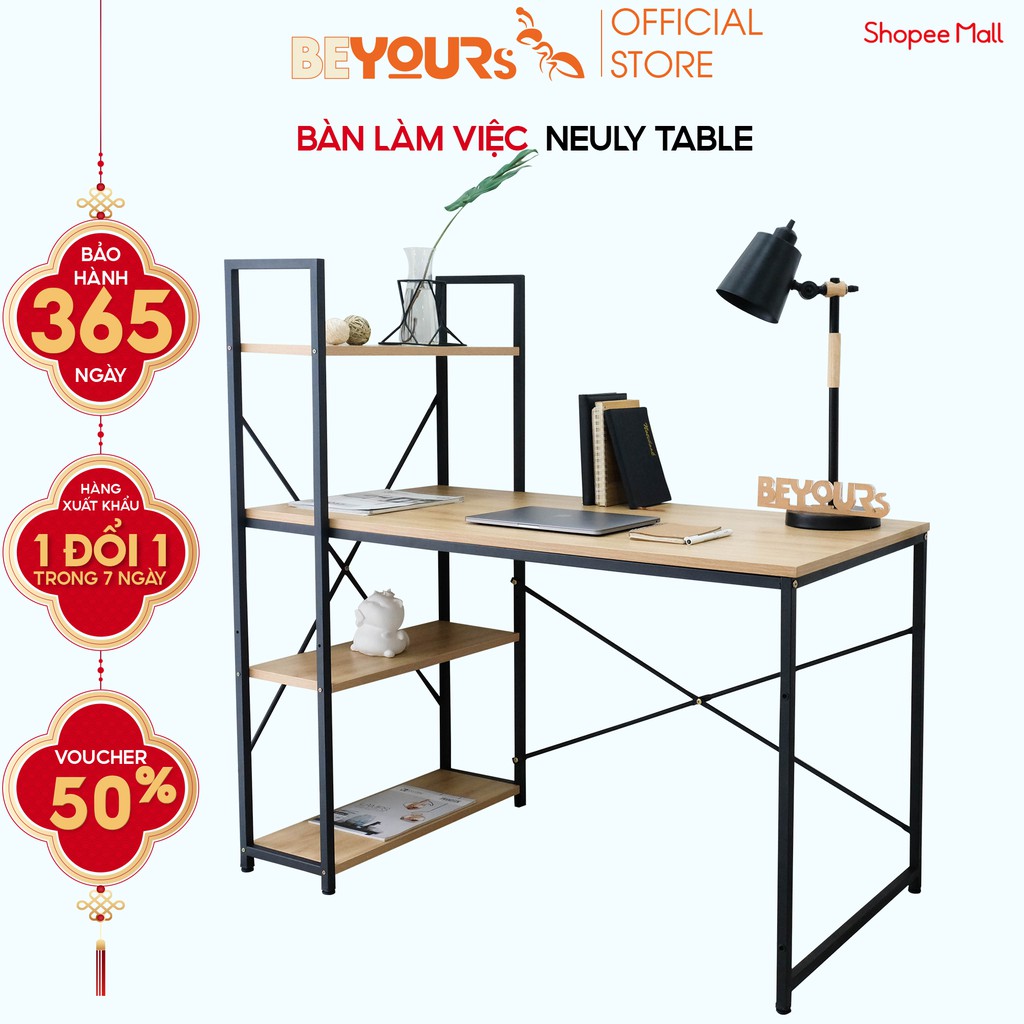 Bàn Làm Việc BEYOURs Neuly Table Gỗ Chân Sắt Phối Kệ Sách Đa Năng