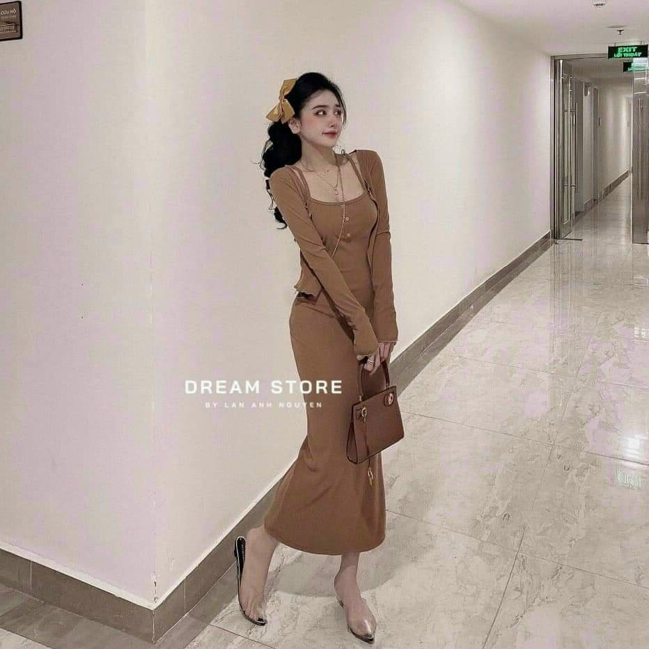 [Sale sốc 50%] Set 2 món đầm suông dáng dài siêu xinh, tôn dáng đẹp, phối kèm khoác ngoài dài tay ngắn tà