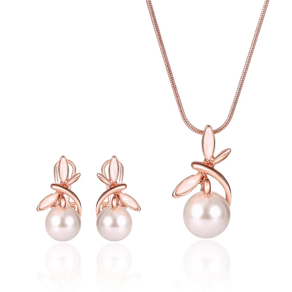 1 Bộ Vòng cổ + Đôi Khuyên Tai Hình Nơ + Ngọc Trai Giả Thời Trang Cho Nữ