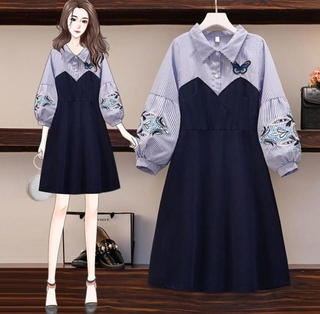 【Available COD】 - -Autumn Korean Large Women's Fashion Style Polo Collar Striped Stitching BUTTERFLY Mid-Length Dress FZ00113