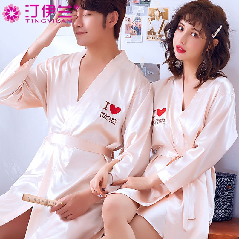 Cặp đôi áo choàng tắm mỏng dài kimono lụa hai mảnh cỡ lớn băngE