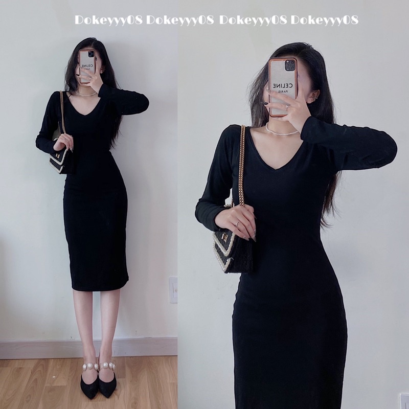Váy body dài tay dáng dài chất co giãn