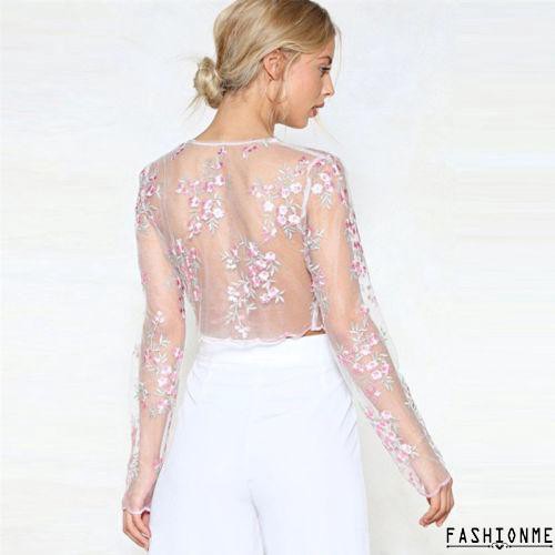 Ღ𝓂ℰSexy Women Deep-V Long Sleeve Blouse See-through Hollow Out Crop Tops Shirt