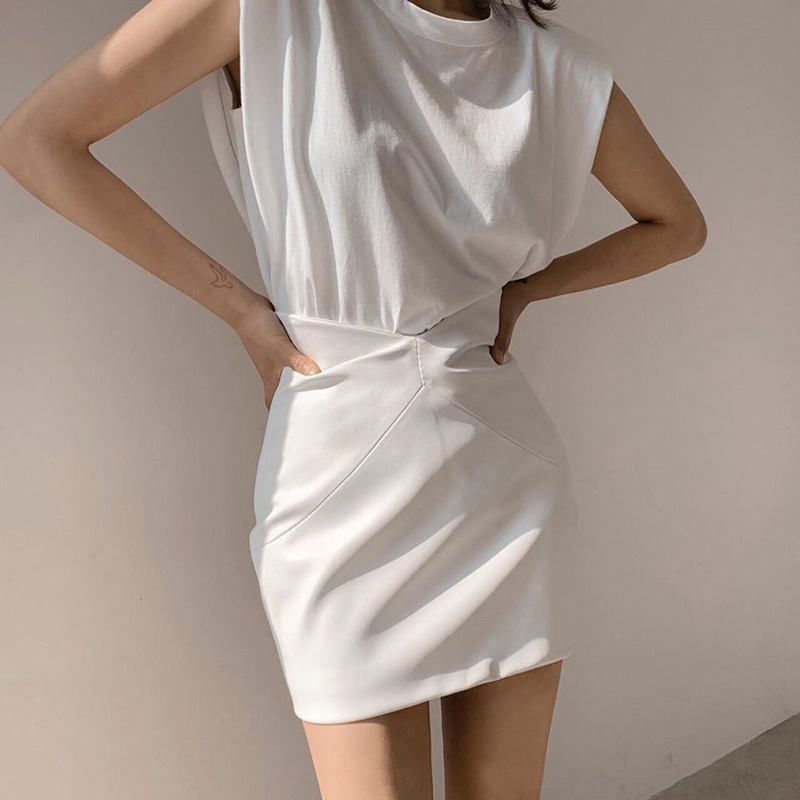 LD-Female Skirt, Solid Color High Waist Package Hip Skirt Leather Dress for Women, White/Black/Khaki