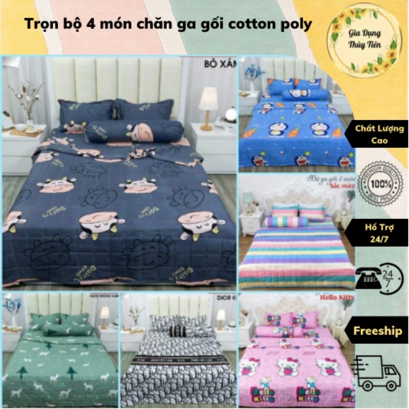 Trọn bộ 4 món ga gối cotton poly