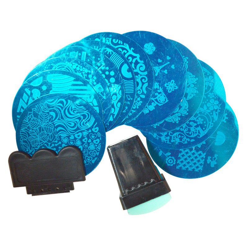 Set 10 Tấm Inox Dán Móng Tay + 1 Con Dấu + 1 Dụng Cụ Cạo Họa Tiết Ngẫu Nhiên