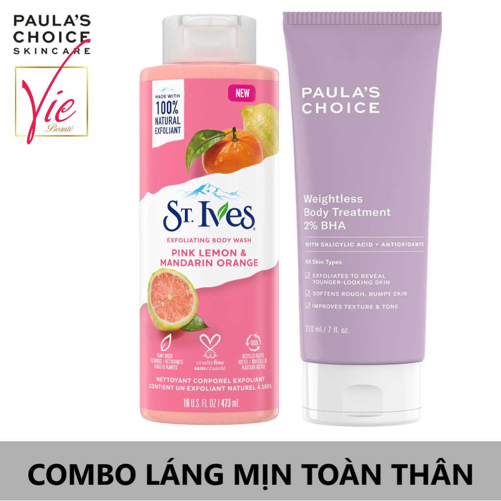 COMBO Kem dưỡng thể Paula's Choice BHA 2% [210ml] + Sữa tắm St.Ives (Nhiều Mùi) [473ml] giảm mụn, láng mịn toàn thân