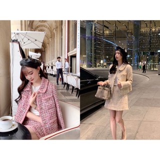 Set áo khoác váy dạ tweed cúc ngọc tiểu thư [Ảnh thật 3-9]
