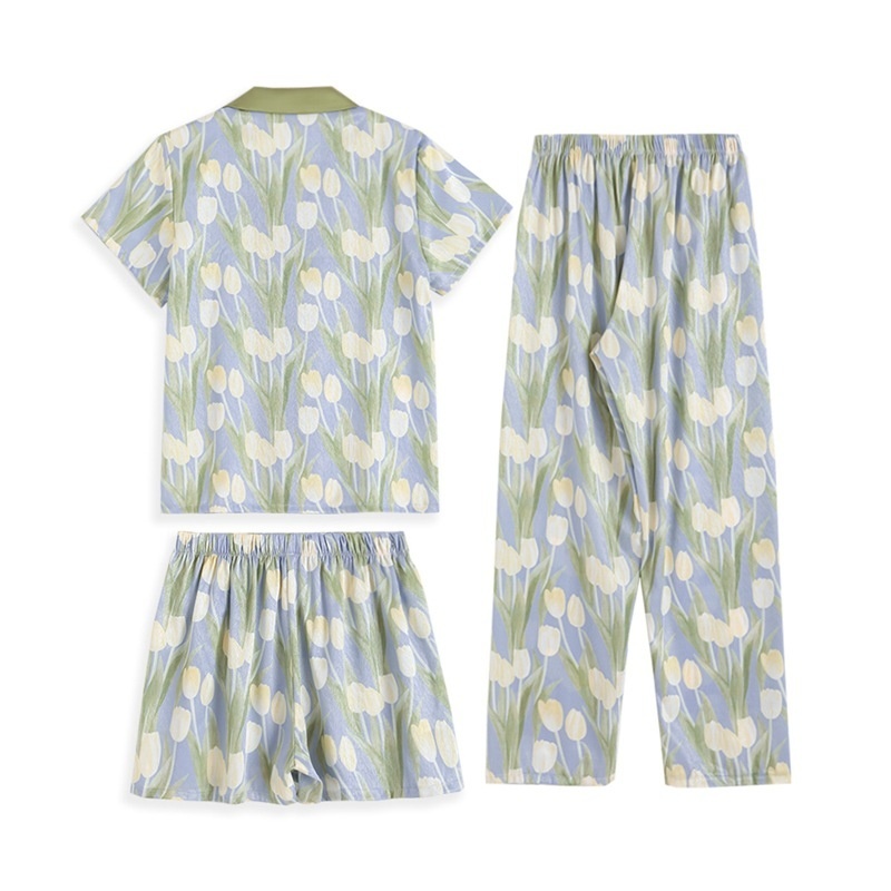Bộ Đồ Ngủ 3 Món Tay Ngắn Bằng Lụa Họa Tiết Hoa Xinh Xắn Cho Nữ