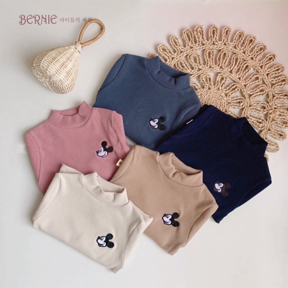 Quần áo thu đông bé trai, bé gái, bộ tăm dài tay mềm mại áo cổ 3p thêu hình Mickey cho bé