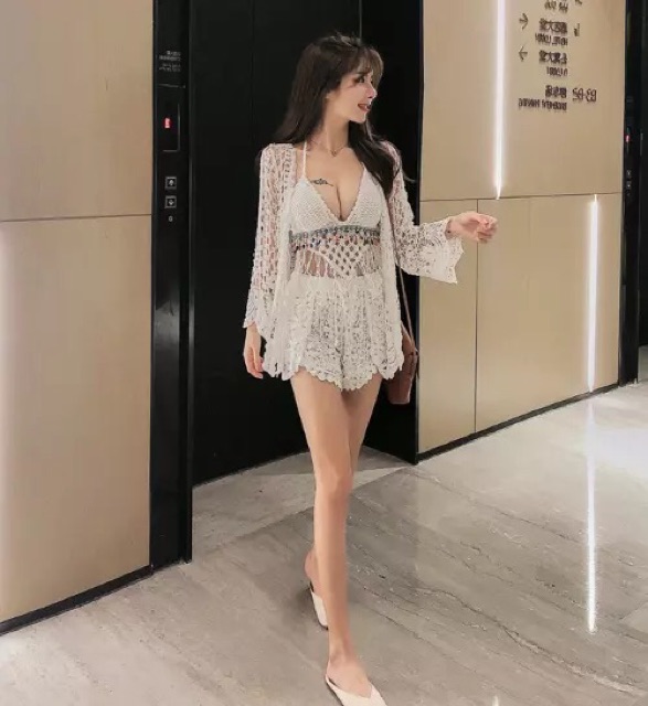 Set biển - set 3 món - bra tam giác ngọc + quần xẻ vạt + choàng ren hoa tay sóng điệu đà (có tách rời)