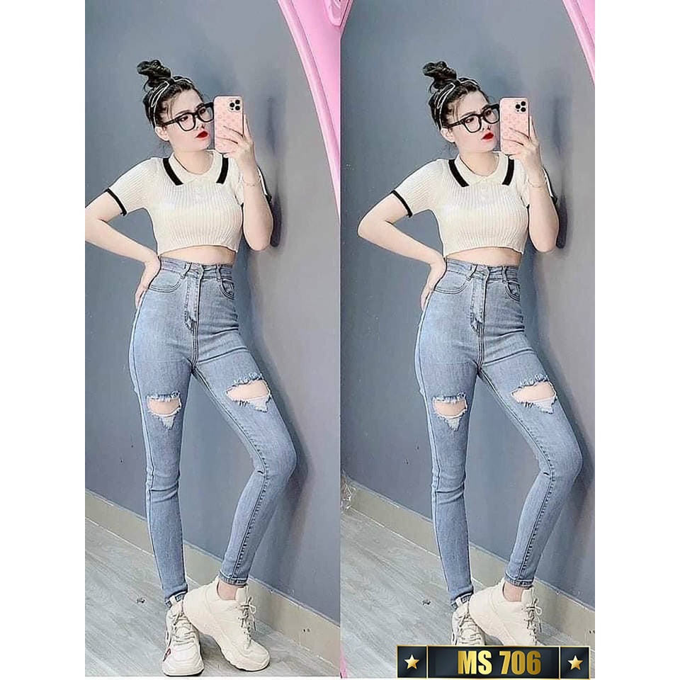 Quần jean nữ lưng cao màu xanh rách gối 1 nút, quần nữ lưng cao ôm dáng cực đẹp chất liệu denim co dãn Tfashion 24h M706