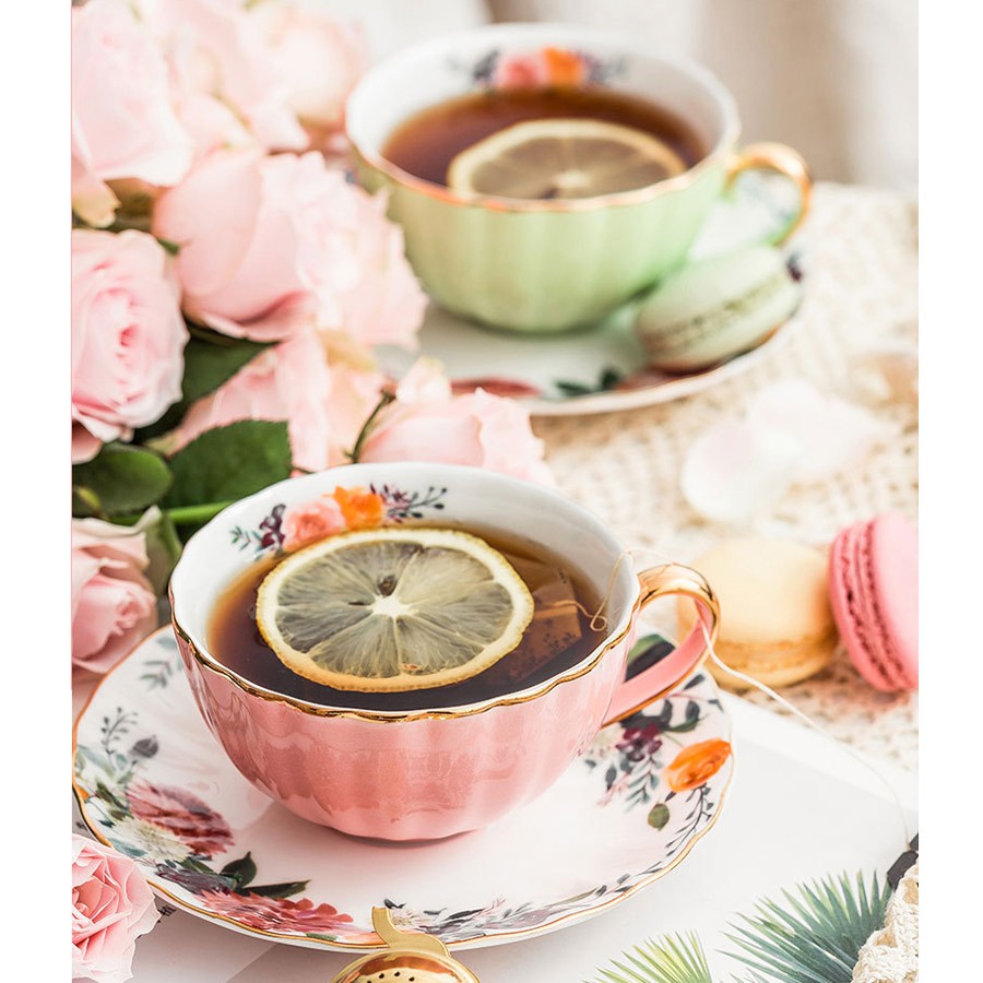 Tách trà sứ � tách trà đẹp kèm thìa đĩa sứ xương họa tiết bông hoa sang chảnh
