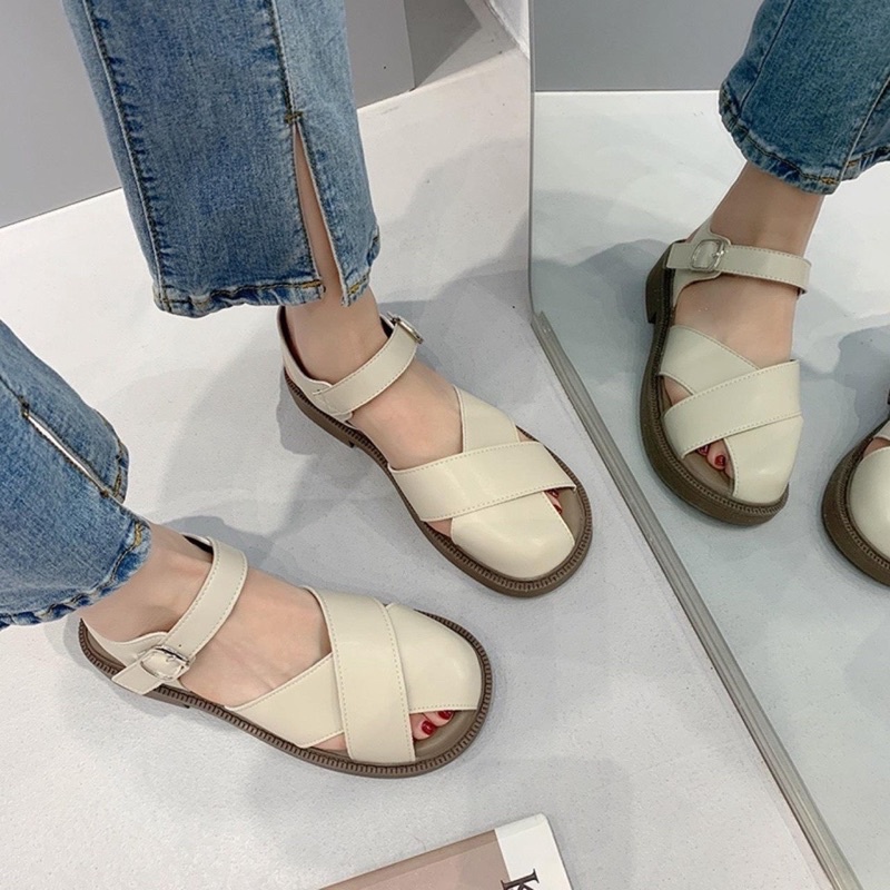Dép sandal Rọ nữ 2 NAN Chéo bản to  chất da mềm đế 3cm
