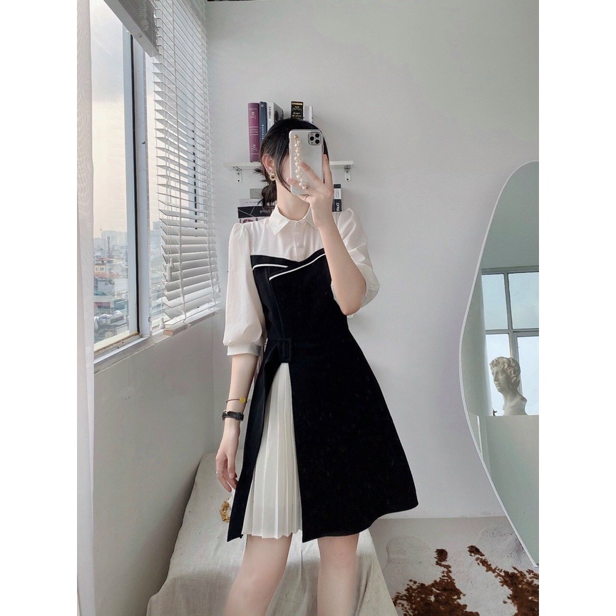 Đầm Dáng Xòe ❤️FREESHIP❤️ Cổ Tròn Tay Dài Cột Eo Dập Ly
