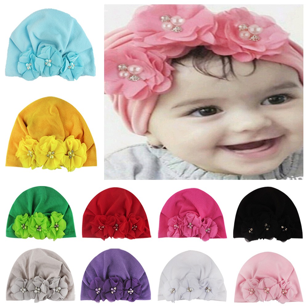 Mũ turban 3 bông hoa chất liệu cotton mềm mại cho bé gái(0-12 tháng)