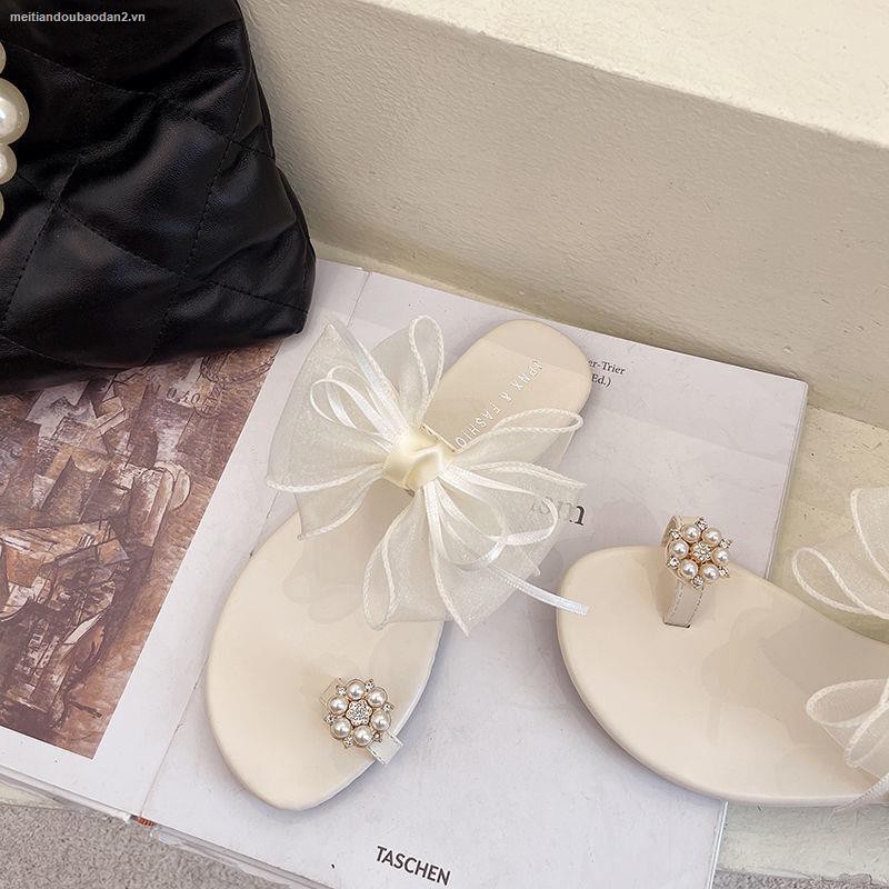 Dép sandal đế bằng phối lưới đính hạt phong cách Hàn Quốc thời trang mùa hè 2021 dành cho nữ