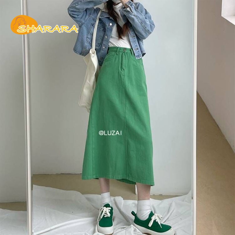 Chân váy jean Chữ A Dáng Dài Rộng Lưng Cao Phối Khóa Kéo Màu Xanh Lá Size S-4XL Thời Trang Cho Nữ