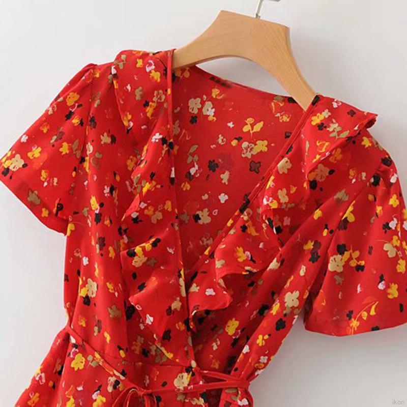 Đầm tay ngắn cổ chữ V hoạ tiết phong cách Bohemian