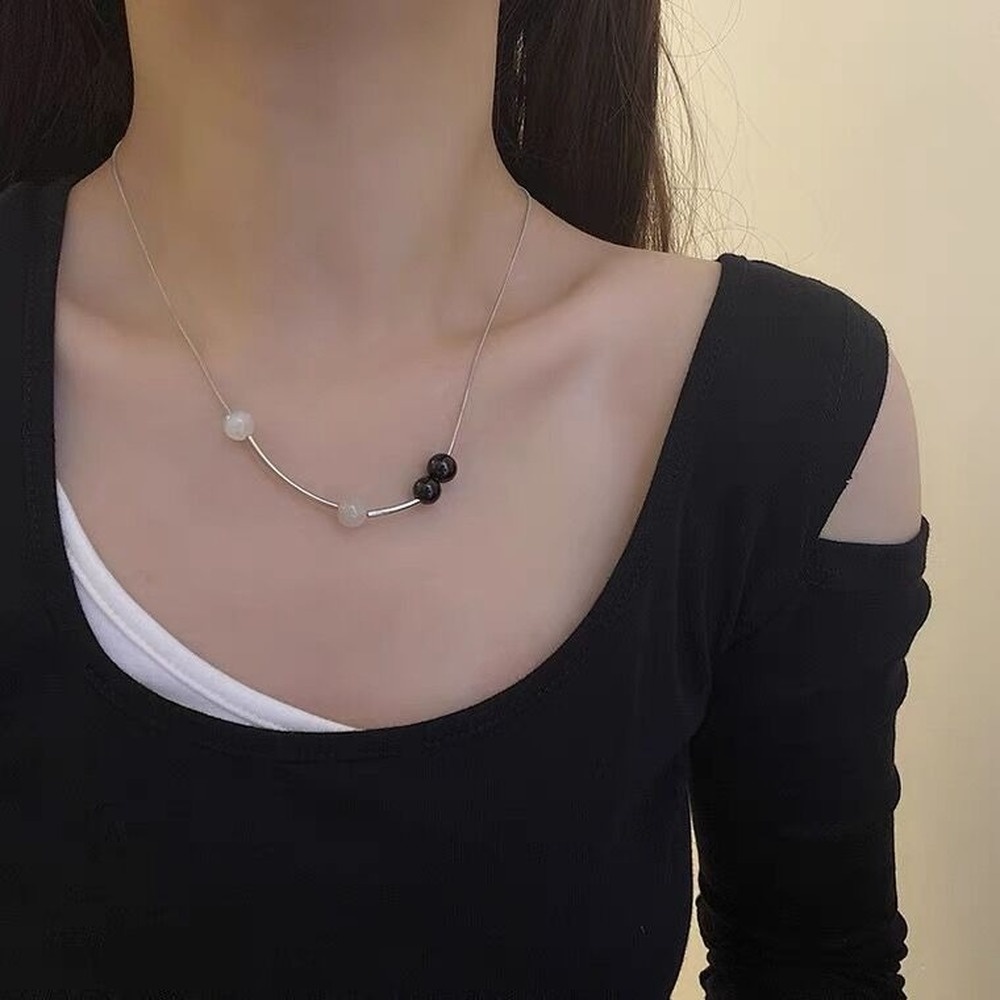 Vòng cổ Thép Titan Mặt Đá Opal Hình Học Phong Cách Hàn Quốc Cổ Điển Thời Trang Cho Nữ