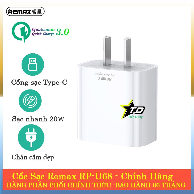Củ sạc nhanh Type C 20W siêu nhanh Remax RP-U68