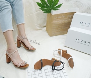 Giày cao gót vuông 7 phân quai ngang mãnh phối 2 màu da mềm