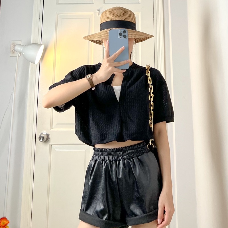 Áo croptop nữ ngắn tay phối hai lớp 3 màu