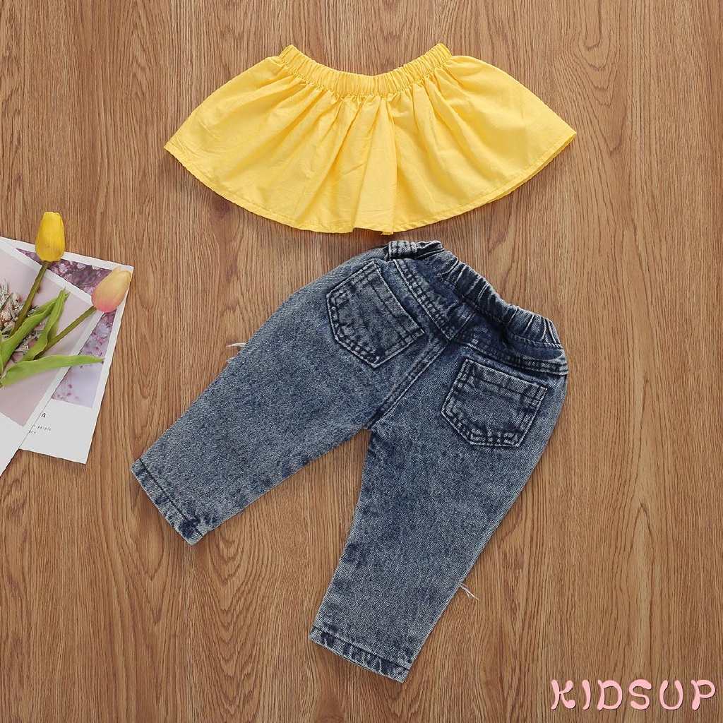 Bộ áo kiểu nhún bèo + quần denim rách thời trang hè cho bé gái