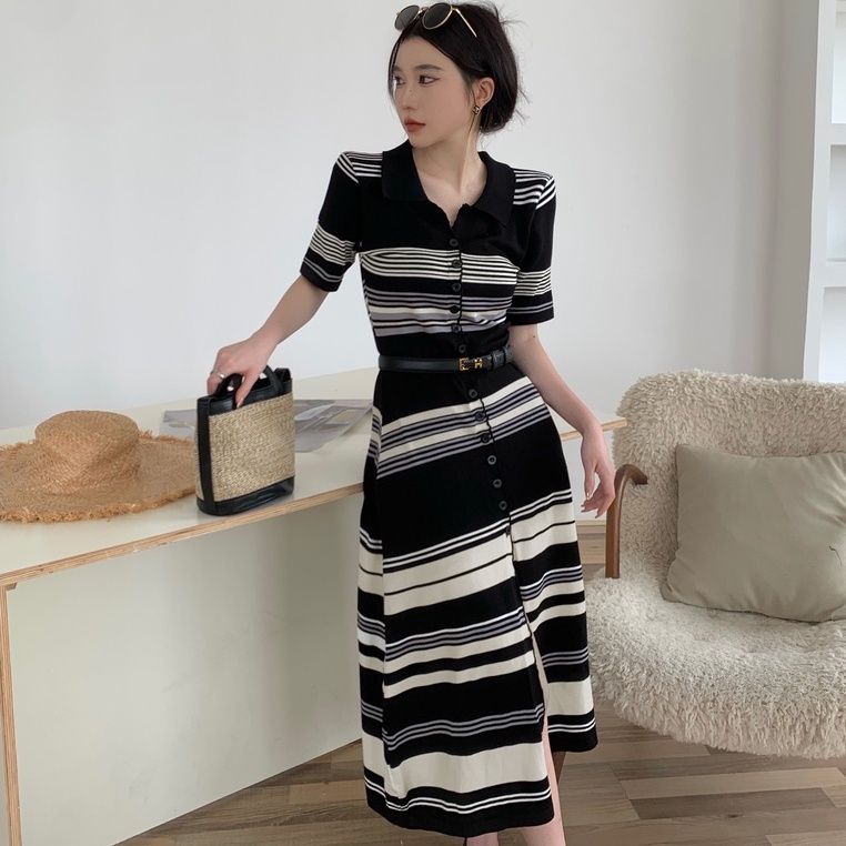 【Hana and Alice】Đầm Dệt Kim Cổ POLO Dáng Ôm Họa Tiết Kẻ Sọc Thời Trang Sang Trọng Cho Nữ