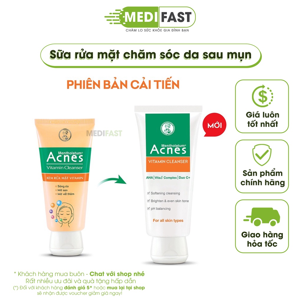 Sữa rửa mặt Vitamin - Acnes Vitamin Cleanser 100g - Giúp sáng da, mờ sẹo, mờ vết thâm - Kem rửa mặt trắng da