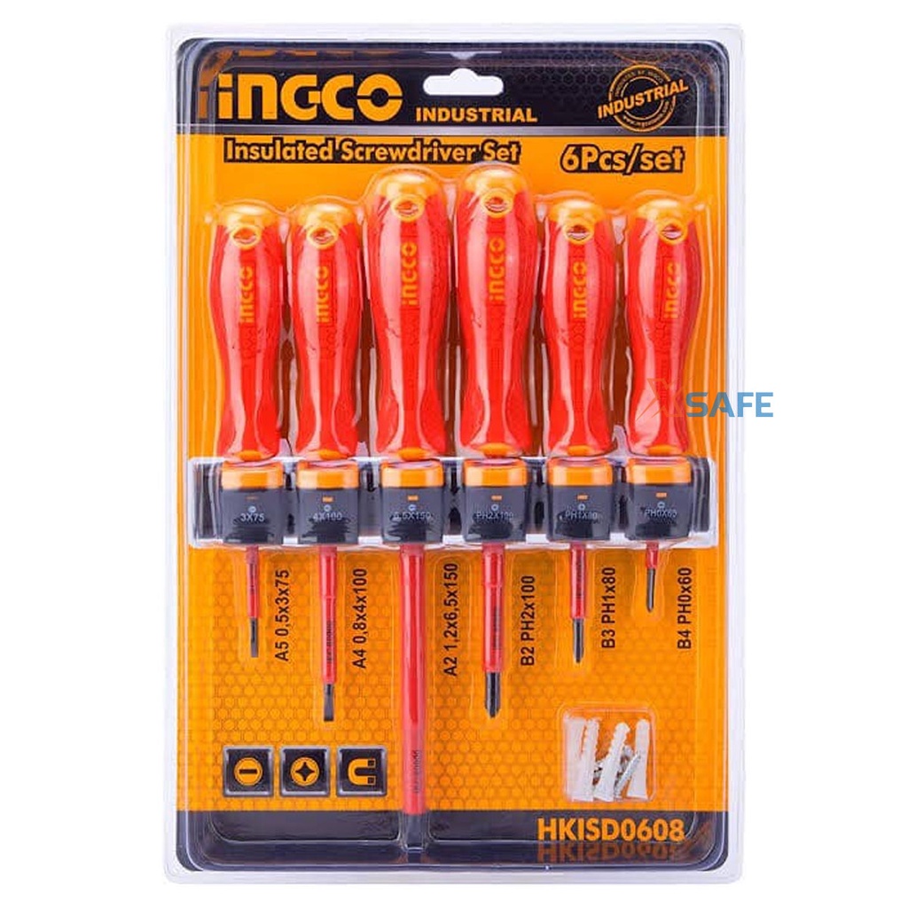 Bộ 6 tua vít cách điện 1000V INGCO HKISD0608 tay cầm mới Bộ tuốc nơ vít đa năng chui tròn cách điện